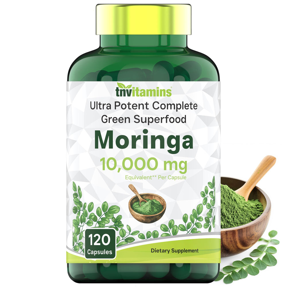 TNVitamins Moringa Capsules bottle label with 120 capsules