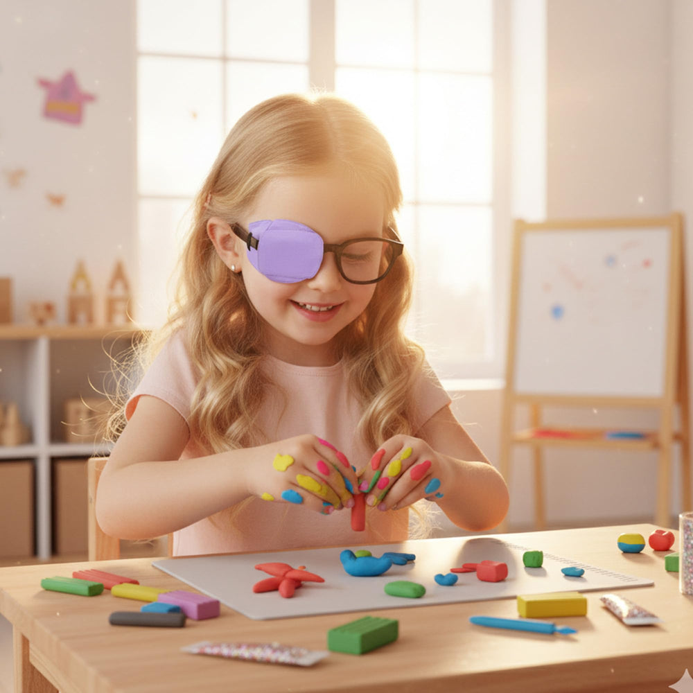 Child wearing purple eye patch with glasses during activities