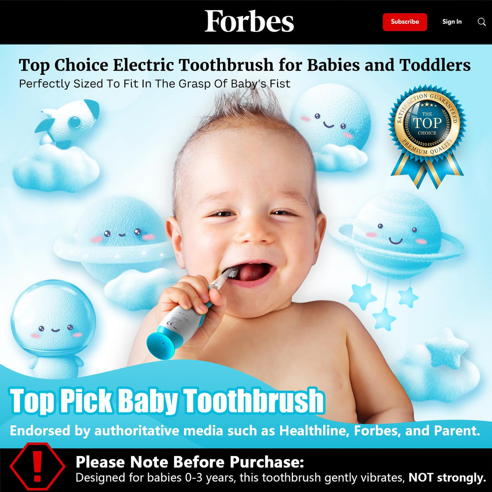 Blue astronaut toddler toothbrush showing four brush heads