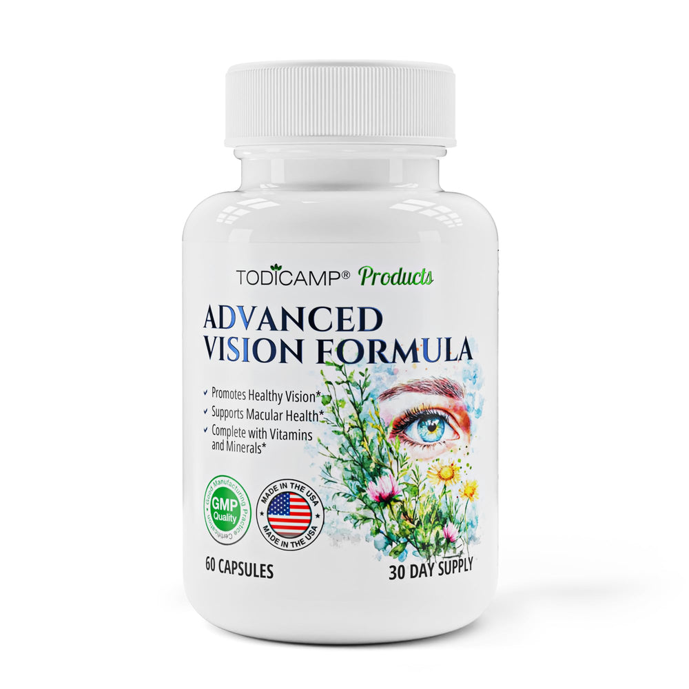 TODICAMP Macular Support bottle label showing Lutein 400mg and Zeaxanthin 10mg