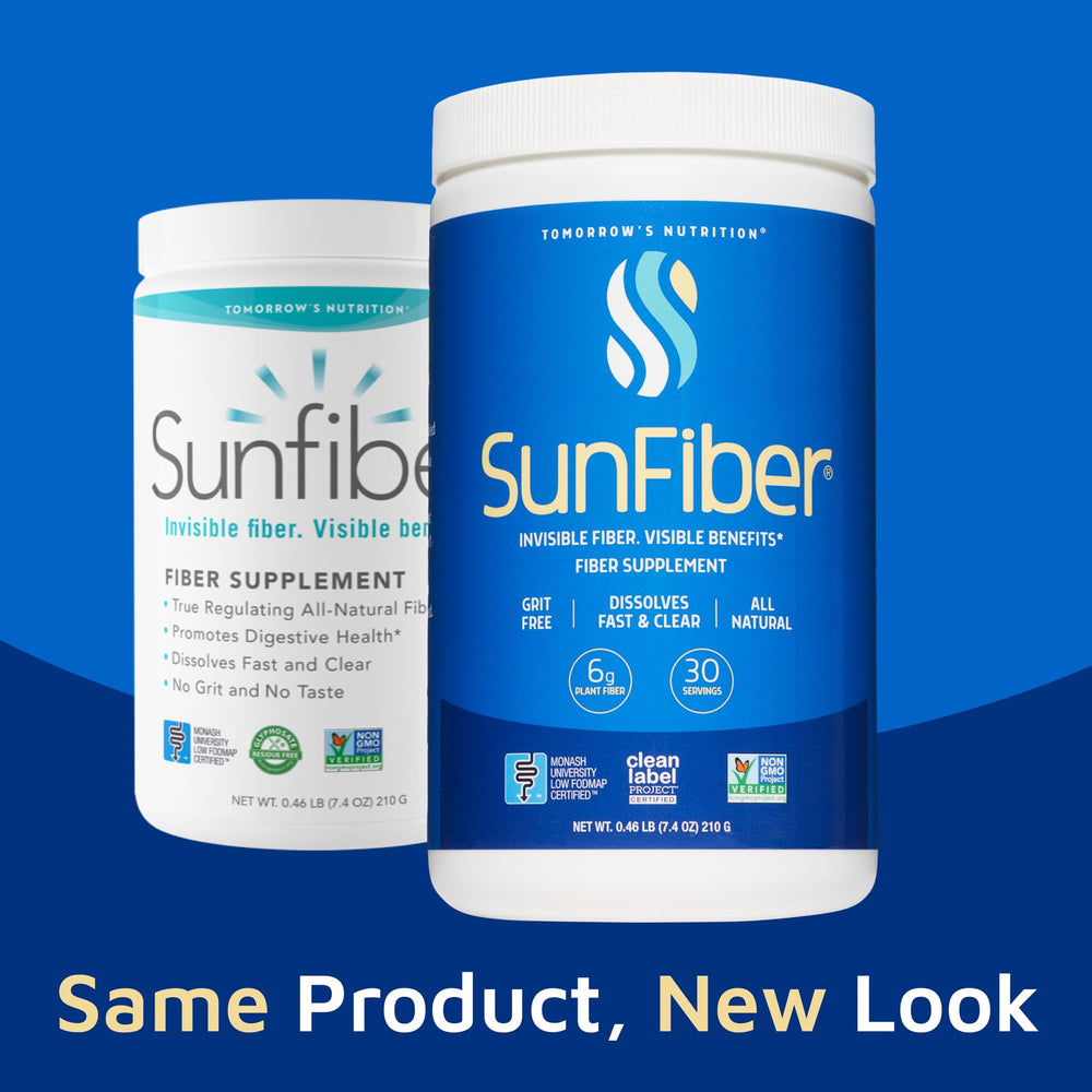 Tomorrow's Nutrition Sunfiber bottle being poured into a glass for easy mixing.