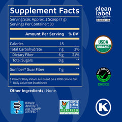 Tomorrow's Nutrition Sunfiber serving size shows 30 servings per container.