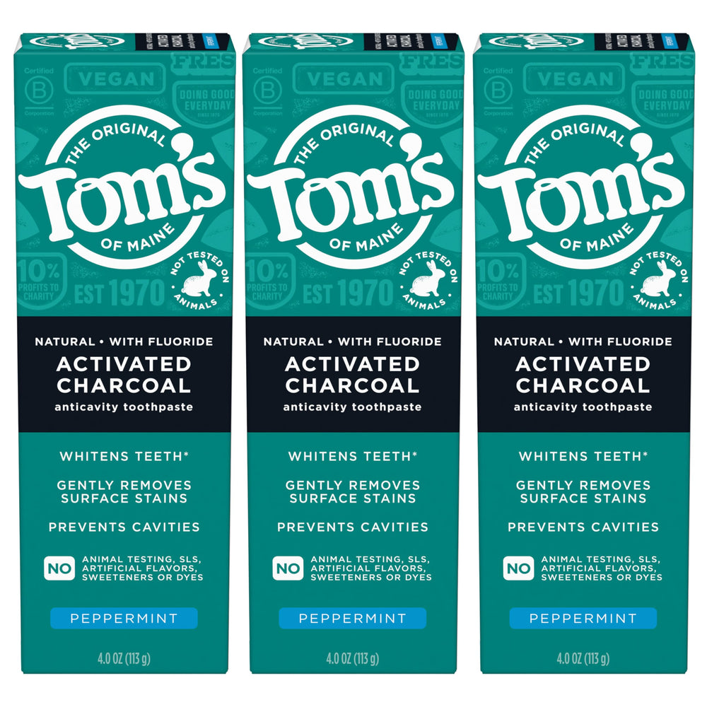 Three 4.7-ounce tubes of Tom's of Maine Activated Charcoal Toothpaste Peppermint in a 3-pack