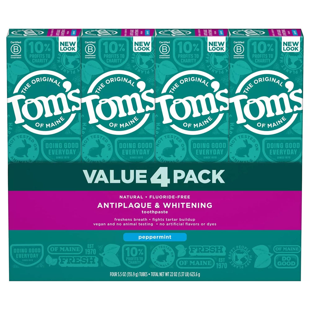 Tom's of Maine fluoride-free antiplaque toothpaste packaging for 4-pack