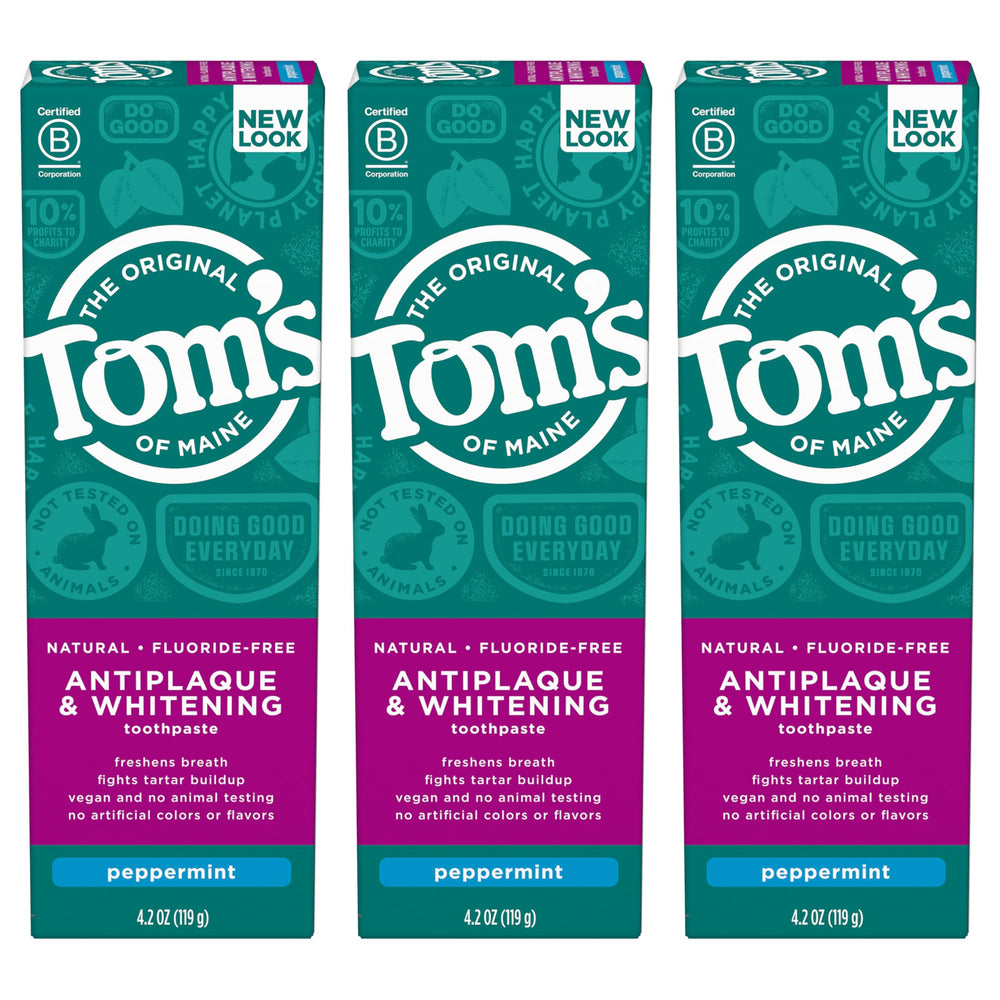 Three Tom's of Maine fluoride-free antiplaque & whitening toothpaste tubes in peppermint flavor, 4.2 oz each