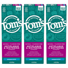 Three Tom's of Maine fluoride-free antiplaque & whitening toothpaste tubes in peppermint flavor, 4.2 oz each
