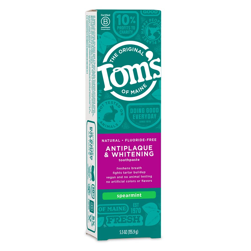 Front view of Tom's of Maine Fluoride-Free Antiplaque & Whitening Toothpaste Spearmint 5.5 oz