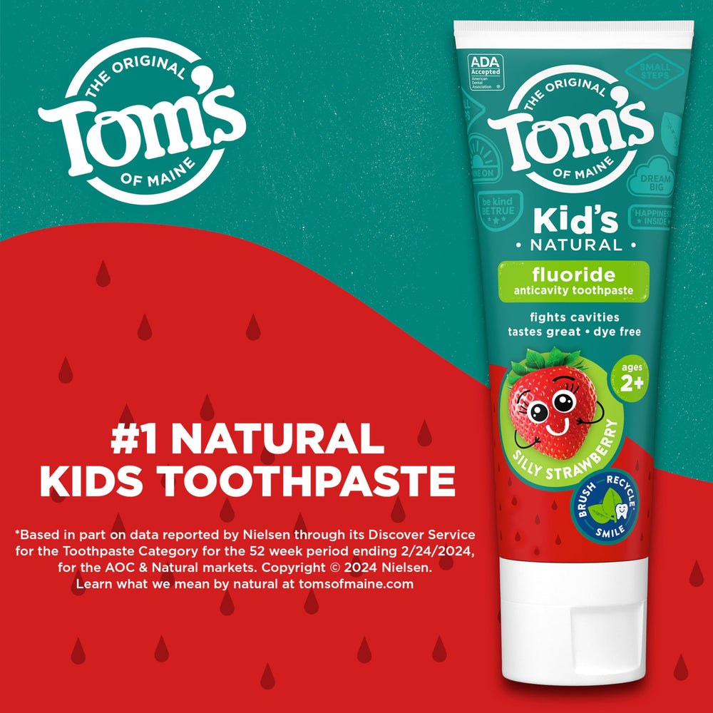 Close-up of Tom's of Maine toothpaste tube with Silly Strawberry label