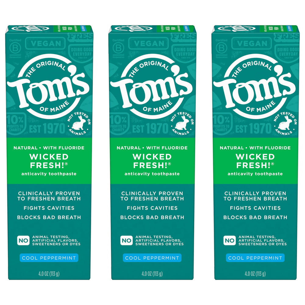 Three 4.0 oz tubes of Tom's of Maine Wicked Fresh toothpaste in a 3-pack