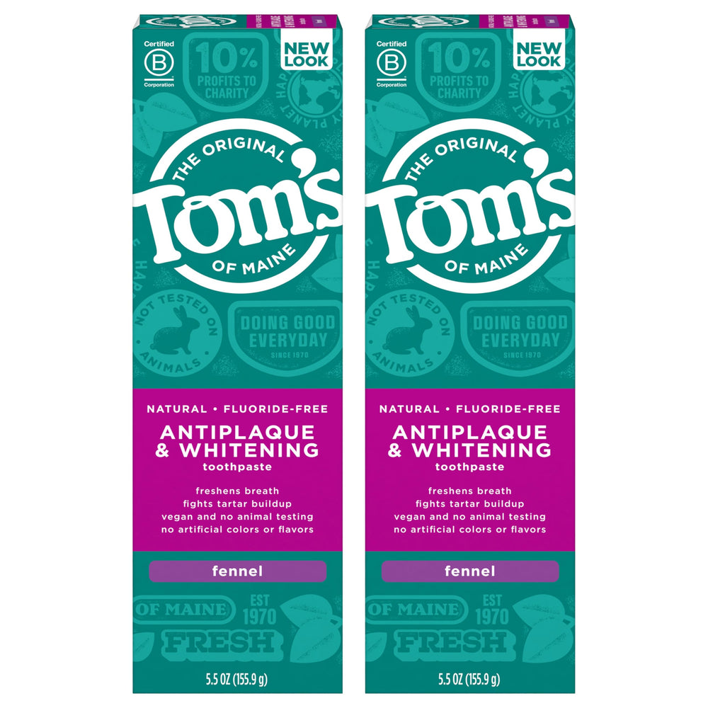 Two 5.5-ounce tubes of Tom's of Maine Fluoride-Free Antiplaque & Whitening Toothpaste in Fennel flavor