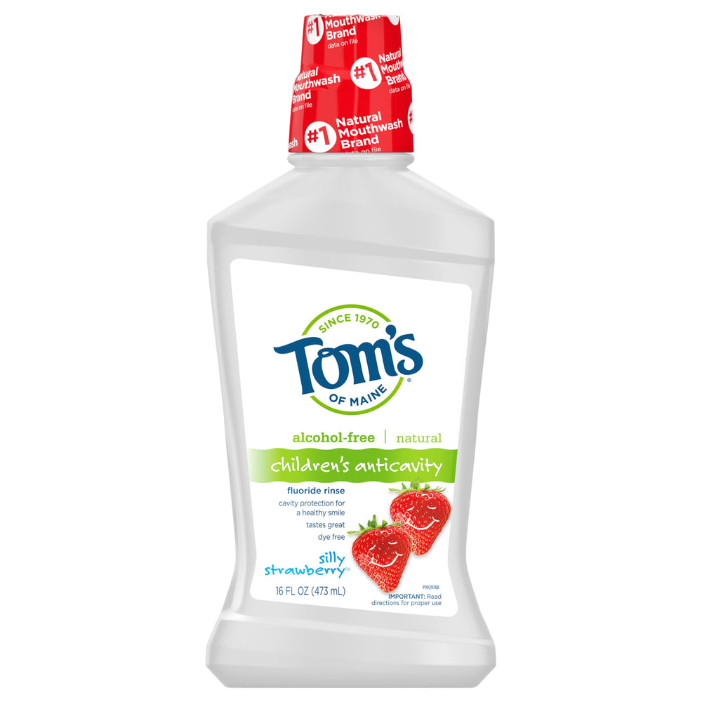 Front view of Tom's of Maine Children's Anticavity Fluoride Mouthwash Silly Strawberry 16 oz 3-pack