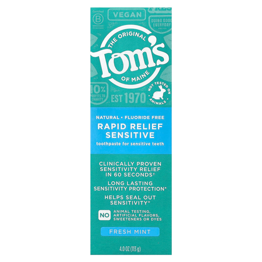 Retail packaging for Tom's of Maine Rapid Relief Sensitive Fluoride-Free Toothpaste 4 oz (6 per case)