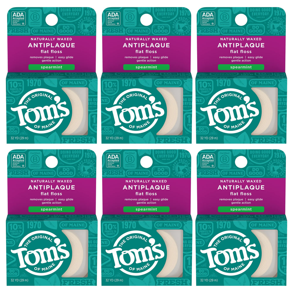 Front view of Tom's of Maine Naturally Waxed Antiplaque Flat Floss Spearmint six-pack (32 yards each)