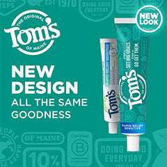 Back view of Tom's of Maine Rapid Relief Sensitive Toothpaste Fresh Mint 4 oz showing label