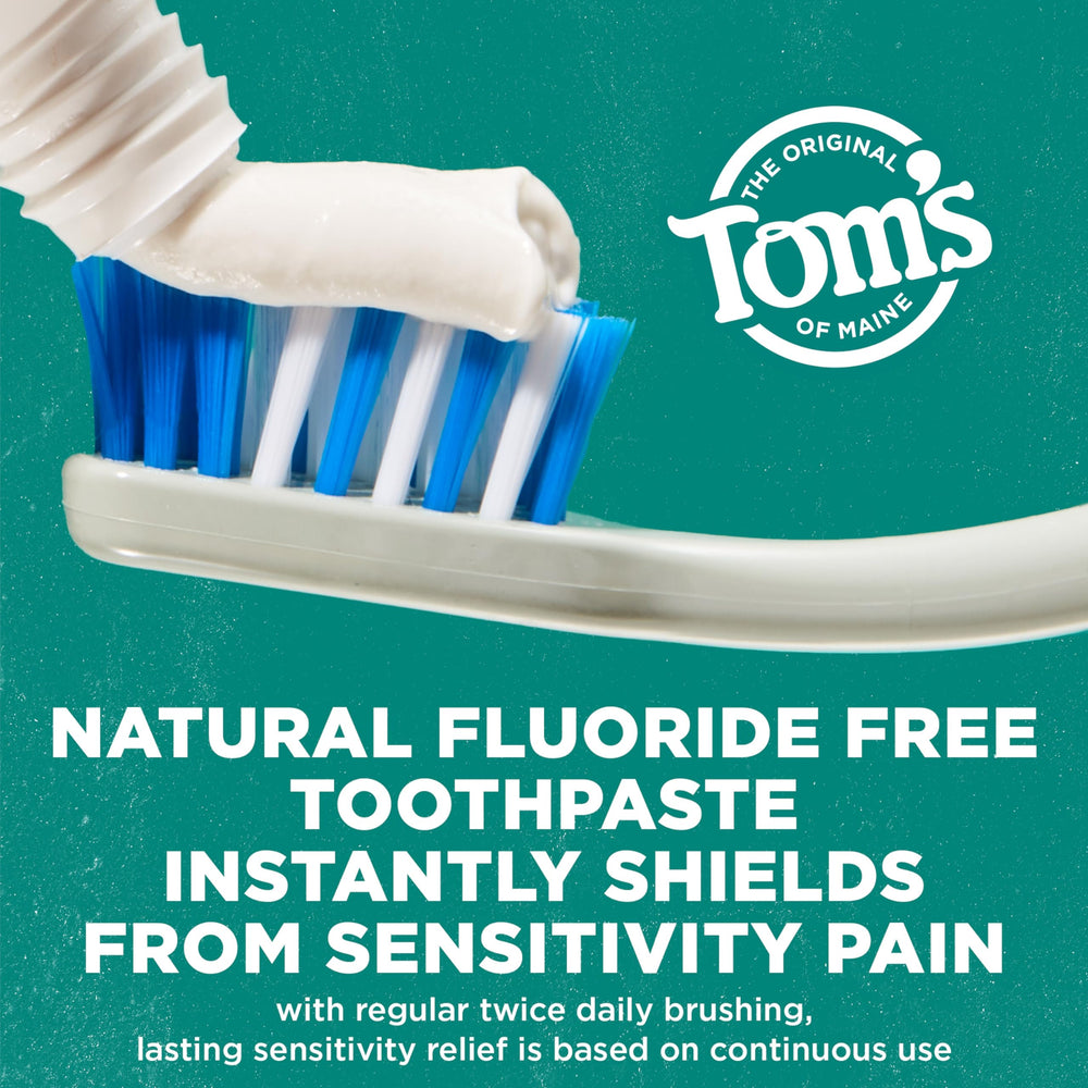 Close-up label on Tom's of Maine Fluoride-Free Rapid Relief Sensitive Toothpaste Fresh Mint 4 oz