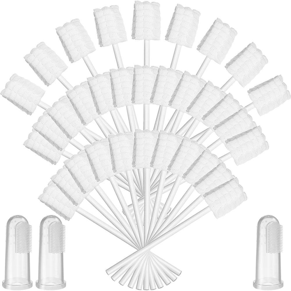 Boxed set showing 100 baby tongue cleaners and 3 finger toothbrushes