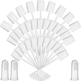 Boxed set showing 100 baby tongue cleaners and 3 finger toothbrushes