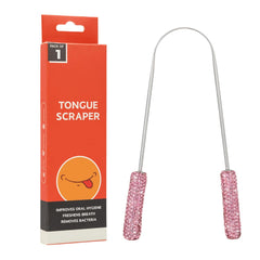 Pink Tongue Scraper Bling with diamond crystals on stainless steel – front view
