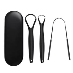 Three stainless steel tongue scrapers in black finish with travel case