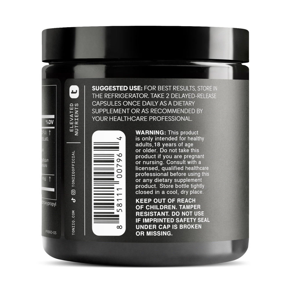 Back view with supplement facts on Toniiq probiotic bottle