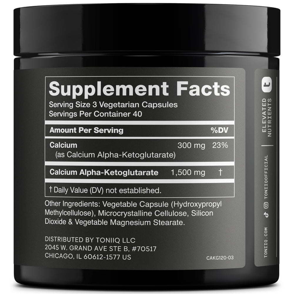 Toniiq Ca AKG 1500mg bottle back label with supplement facts