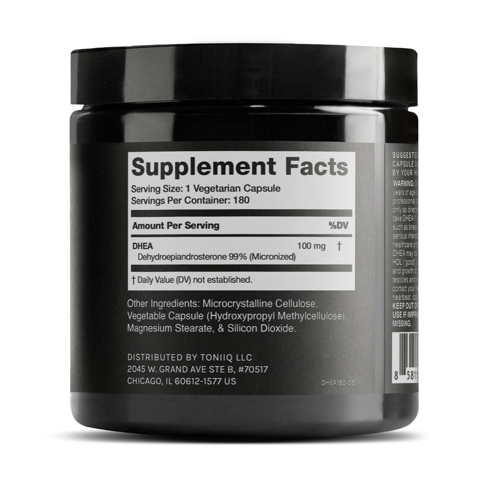 Close-up of Toniiq DHEA 100mg bottle packaging