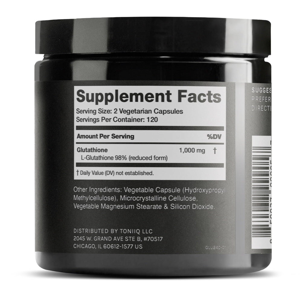 Packaging of Toniiq Glutathione 1000mg capsules