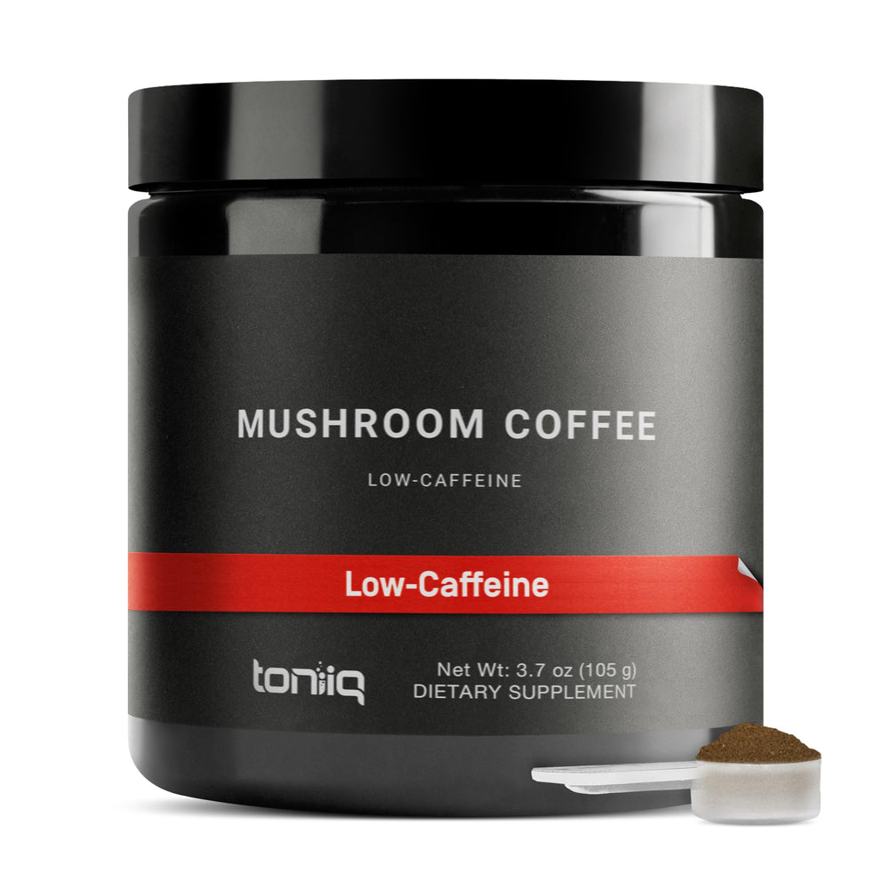 Toniiq mushroom coffee 10:1 extract bottle showing ultra high potency formula
