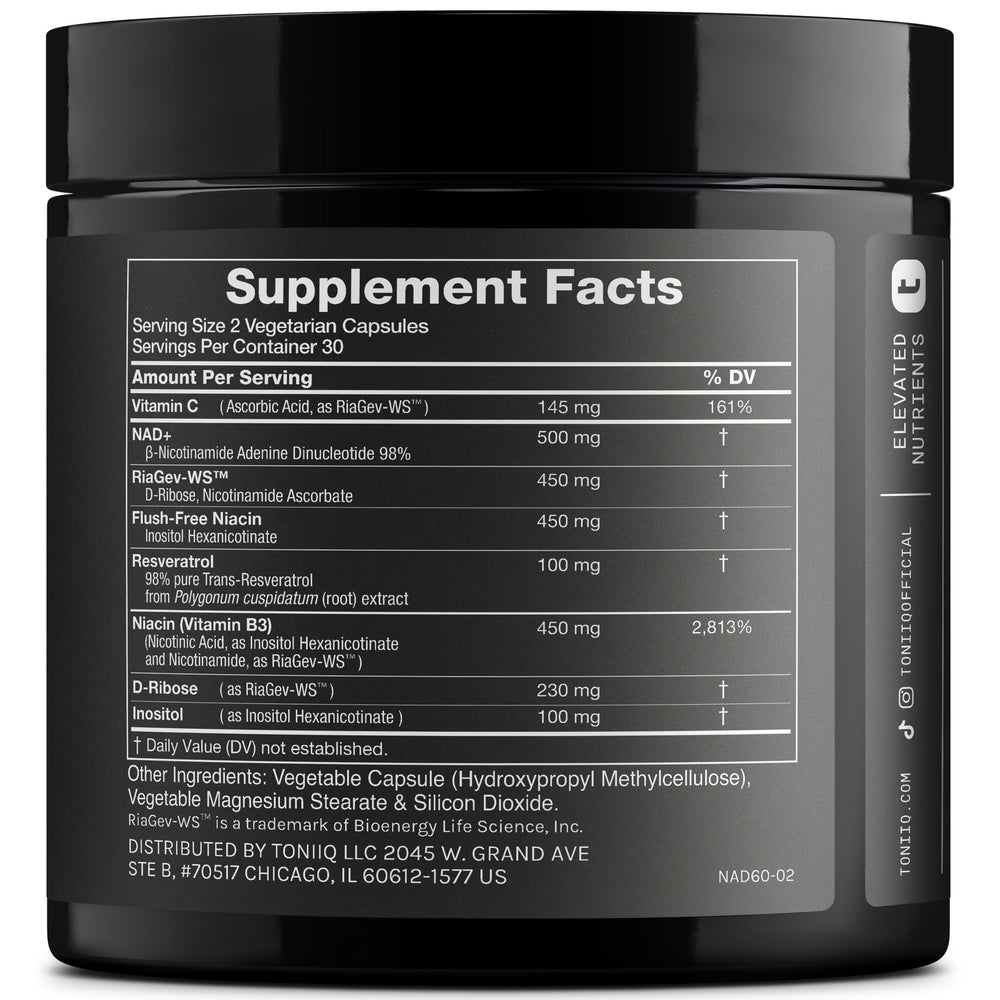 Close-up of NAD+ 1500mg bottle showing 60 capsules