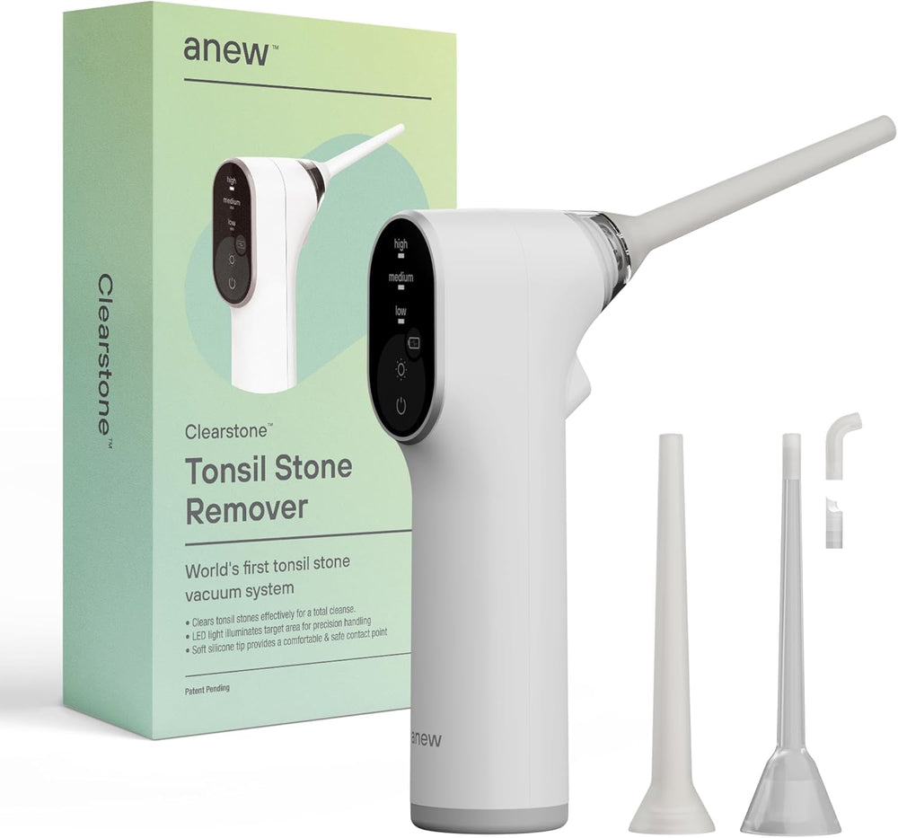 Electronic vacuum tonsil stone remover in white, front view.