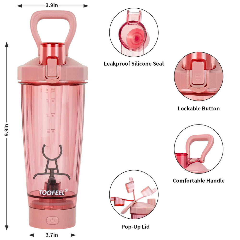 Front view of TOOFEEL electric protein shaker pink 20 oz