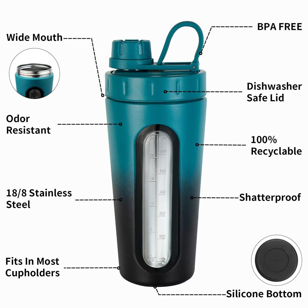 TOOFEEL shaker bottle uses 18/8 stainless steel for durability and odor resistance.