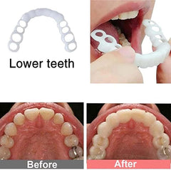 Woman applying tooth repair kit at home