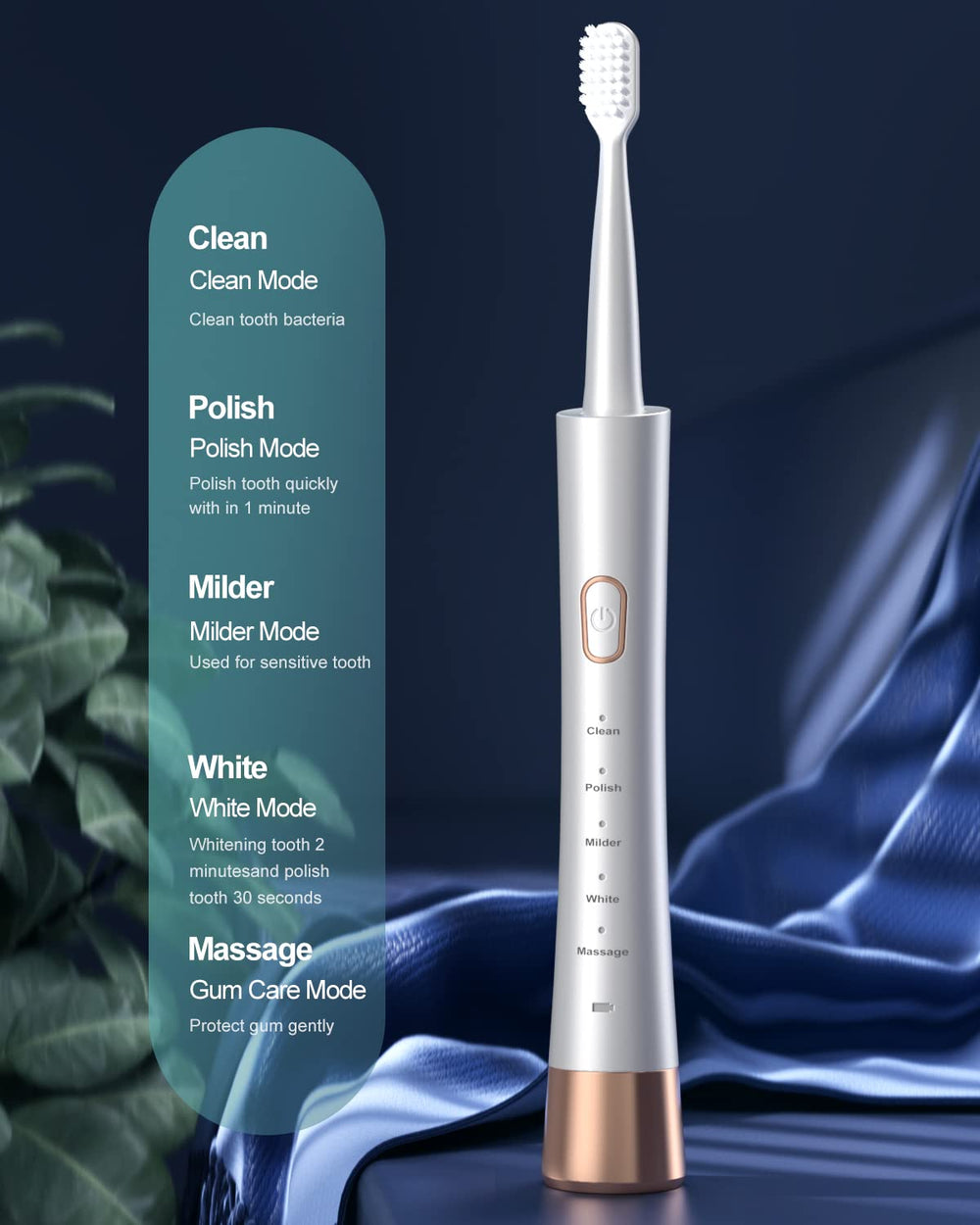 Toothbrush highlighting 2-minute timer and 5 modes