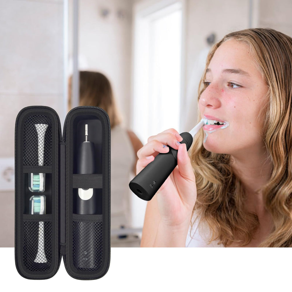 Organized layout showing pockets and space for brush heads and toothpaste