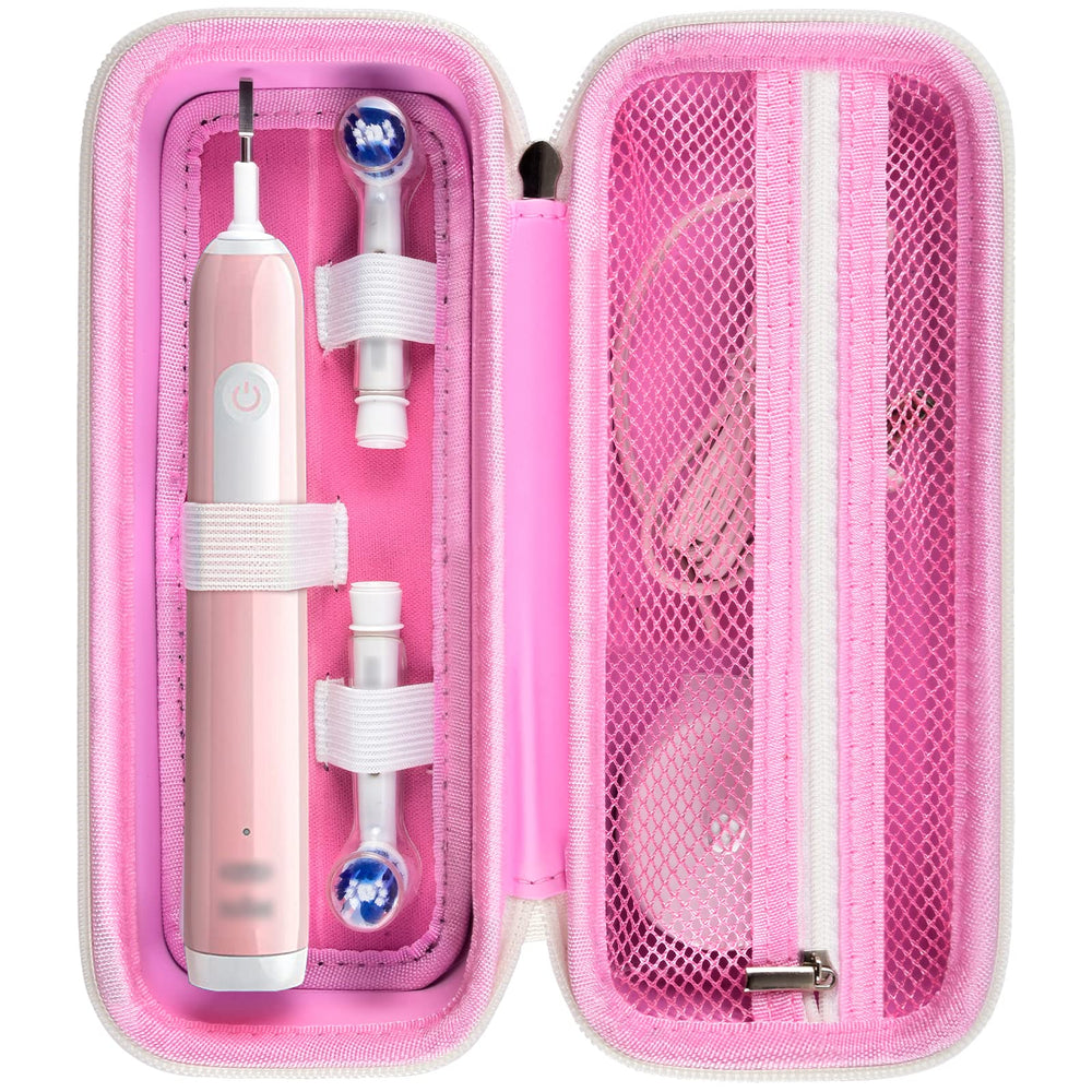 Pink toothbrush travel case with exterior handle