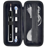 Front view of black toothbrush travel case with handle