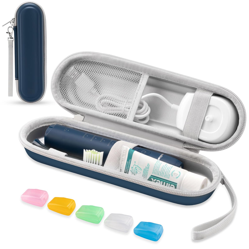 Deep blue hard EVA toothbrush travel case - closed view