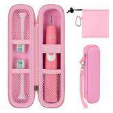 Exterior of pink toothbrush travel case with mesh pocket and carabiner