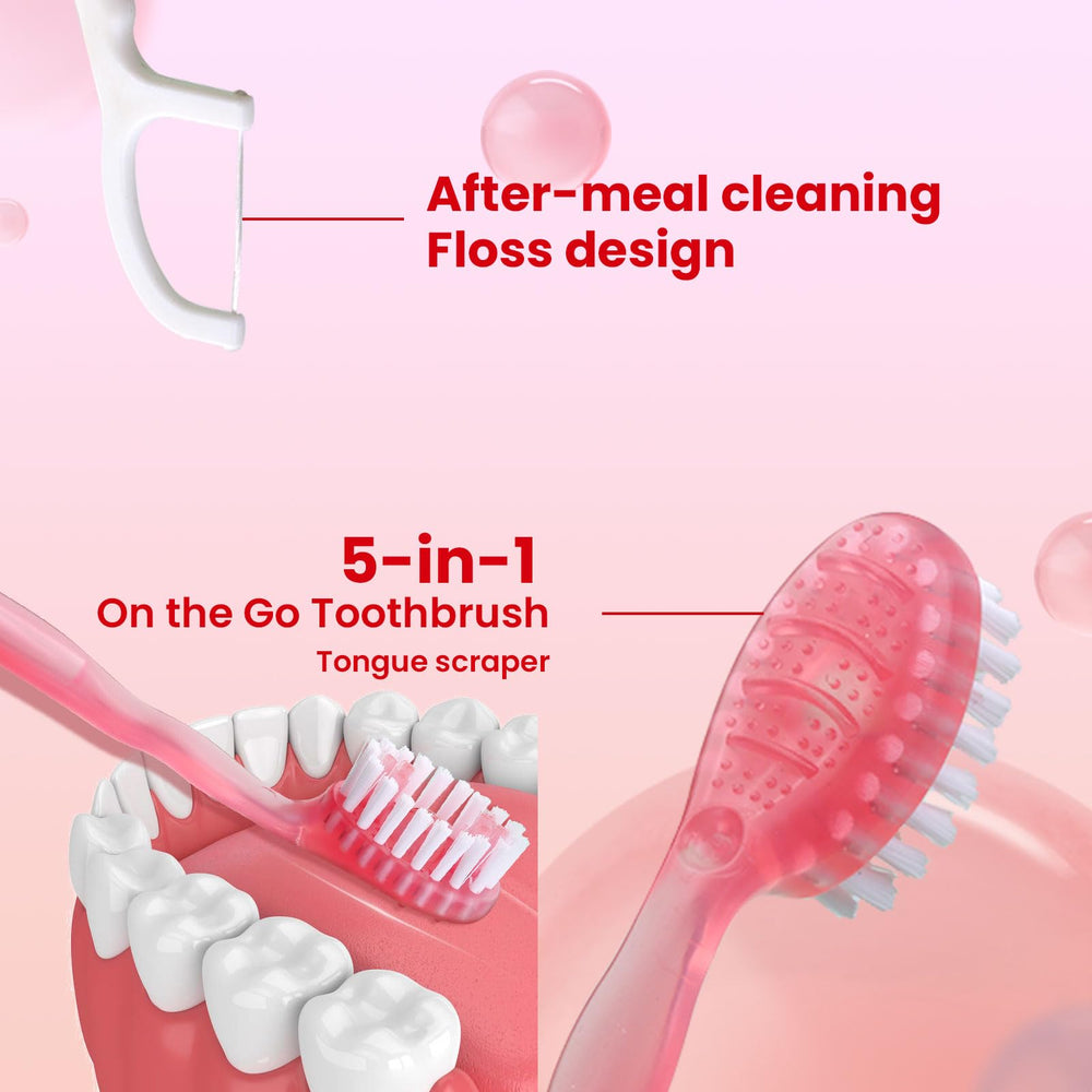 5-in-1 design: toothbrush, toothpaste, tongue scraper, floss, and pick