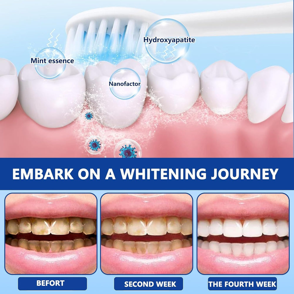 Close-up of toothpaste tube highlighting nano hydroxyapatite formula for enamel protection