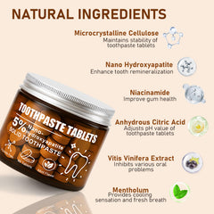 Toothpaste tablets labeled 5% nano-hydroxyapatite and niacinamide