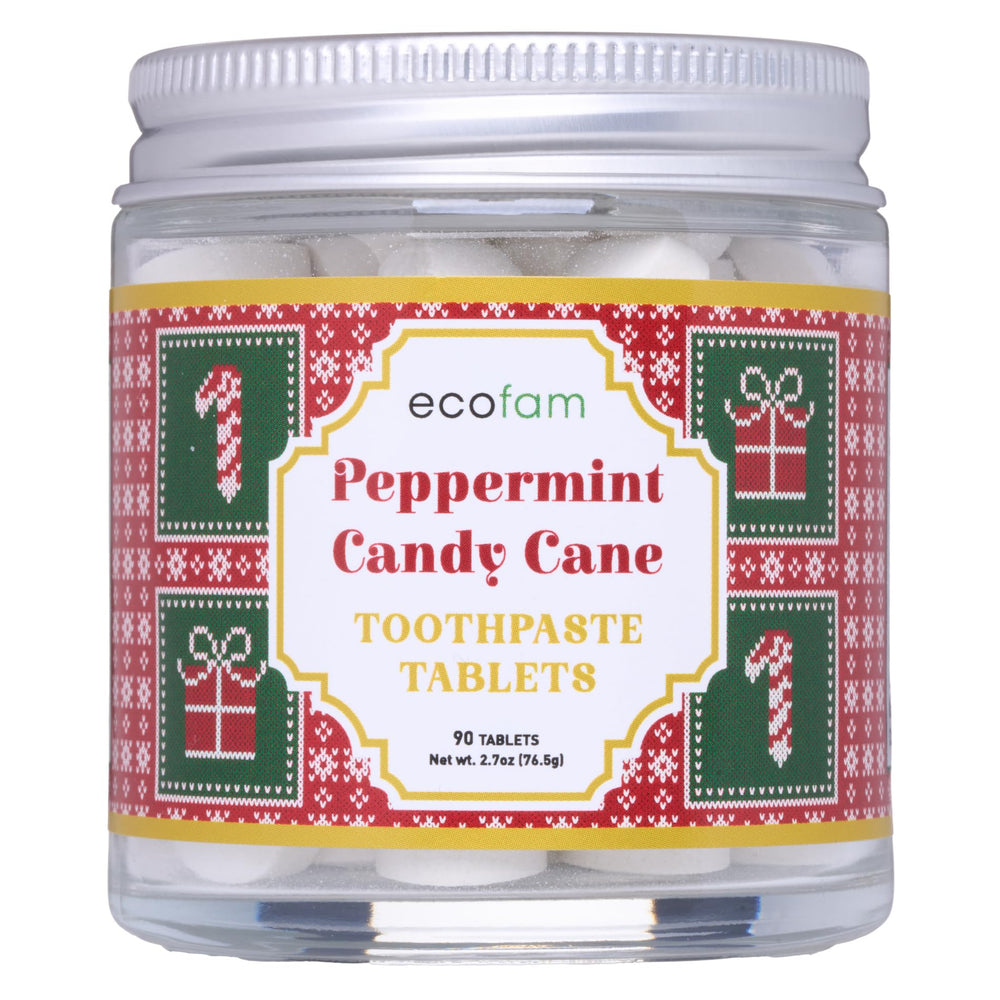 EcoFam Candy Cane toothpaste tablets in a glass jar