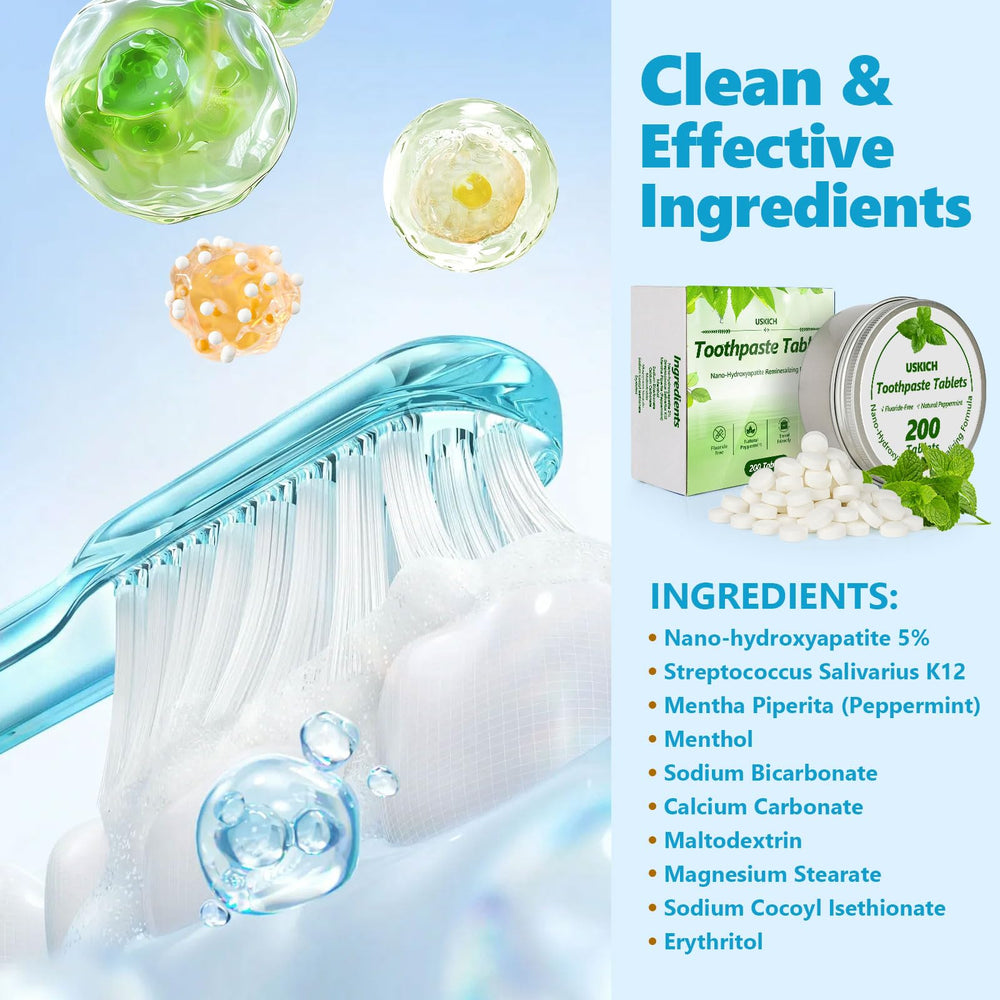 Toothpaste tablet dissolving in mouth showing nano hydroxyapatite whitening