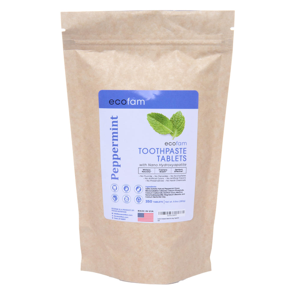 Peppermint toothpaste tablets in a 350-count bulk bag by Ecofam