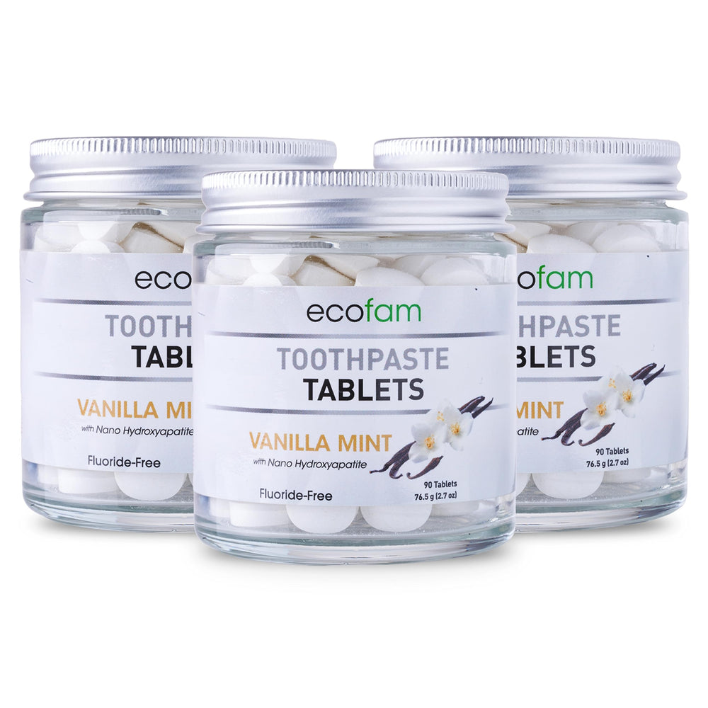 Vanilla Mint Nano Hydroxyapatite toothpaste tablets in a glass jar