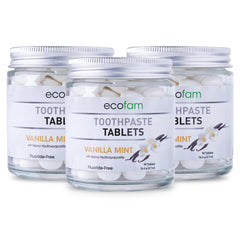 Vanilla Mint Nano Hydroxyapatite toothpaste tablets in a glass jar