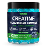 Blueberry-flavored creatine gummies in raspberry shapes