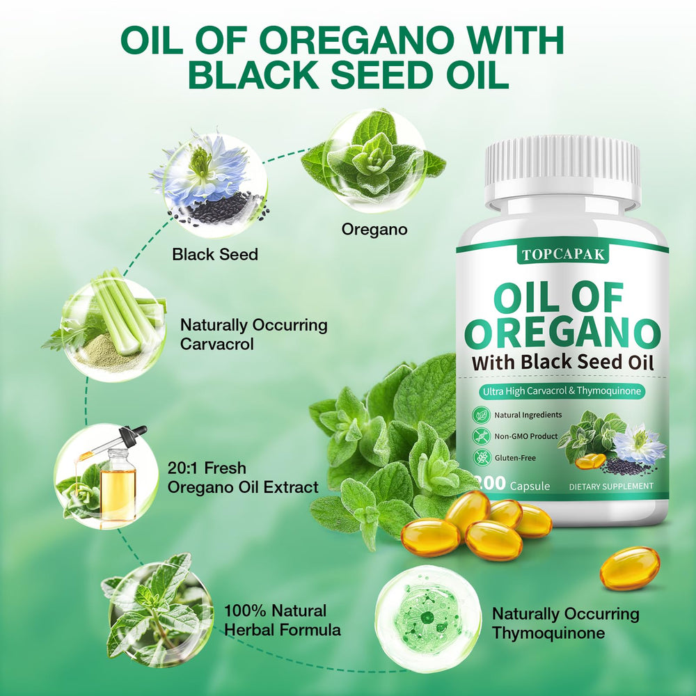 Display of 2-pack TOPCAPAK oregano oil softgels