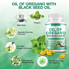 Display of 2-pack TOPCAPAK oregano oil softgels